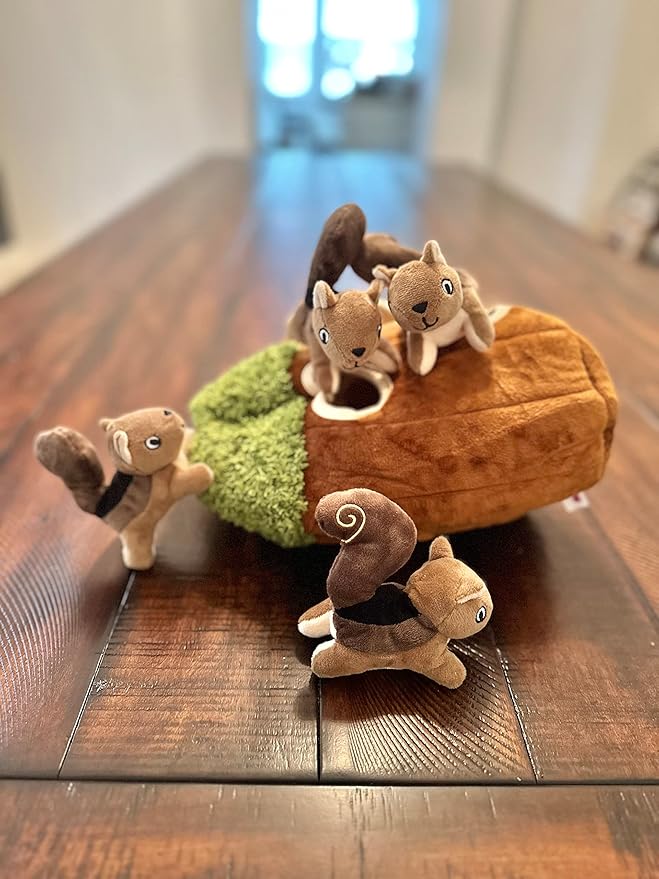 Glow Pups Squirrel in Tree Hide and Seek Plush Squirrel Inside Trunk Interactive Burrow Dog Toy for Small and Medium Size Dogs, Tree with Squirrels