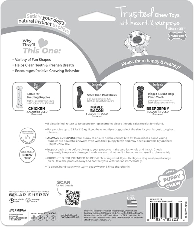 Nylabone Puppy Stages Chew Toy Set, Teething and Chewing Toys for Growing Puppies, Chicken, Maple Bacon, & Beef Jerky Flavors, Medium Dogs - Up to 35 lbs., 3 Pack