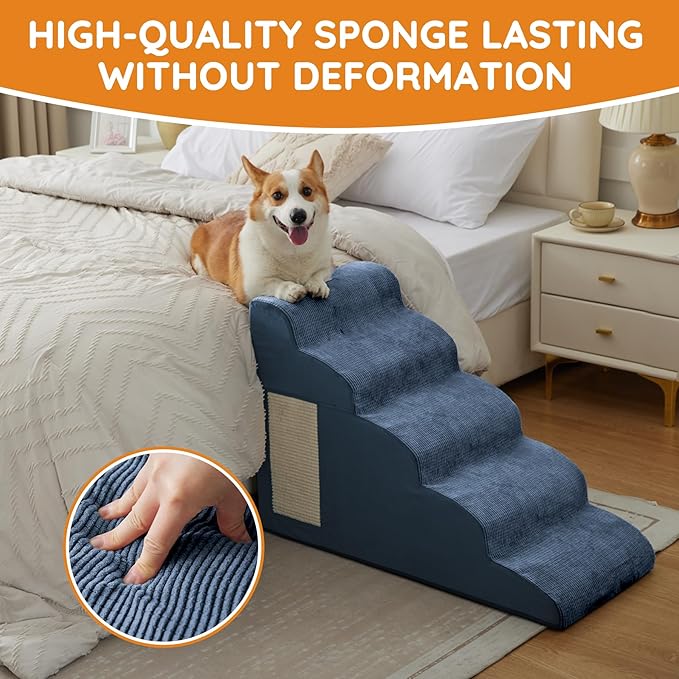 Pet Stairs, Dog Stairs for Small Dogs, Dogs Steps, 5-Step Curved Dog Ramp for Bed, Couch, Sofa, Car and Chairs, Non-Slip Bottom Design, Cat Scratching Board, High Density Foam Portable Pet Step, Navy