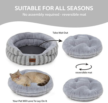 Cat Bed Puppy Bed - Washable Round Cat Beds for Indoor Cats, Soft Corduroy Fleece Pet Bed for Kitten and Samll Dog with Removable Double Sided Inner Cousion, 26", Grey