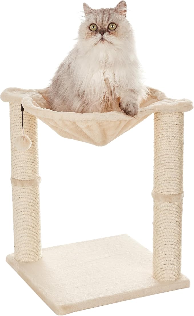 Amazon Basics Cat Tower with Hammock Bed and Scratching Post for Indoor Cats, Easy to Assemble, Interactive Hanging Ball, 15.8" x 15.8" x 19.7", Beige