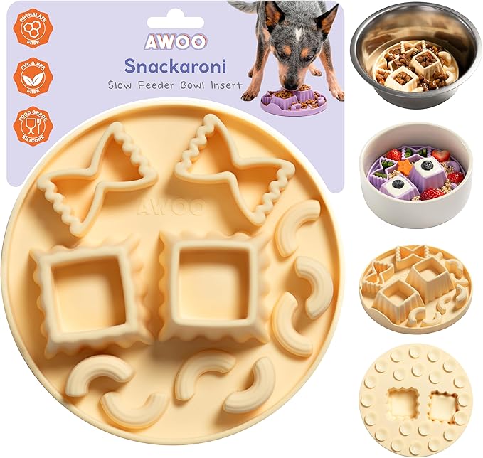 Awoo Snackaroni - Silicone Slow Feeder for Dog Bowls Over 5.5-Inches - Non-Slip, Wet and Dry Food-Compatible Pet Dish with Suction Cups - Extends Mealtime for Fast Eaters - Dishwasher Safe (Yellow)