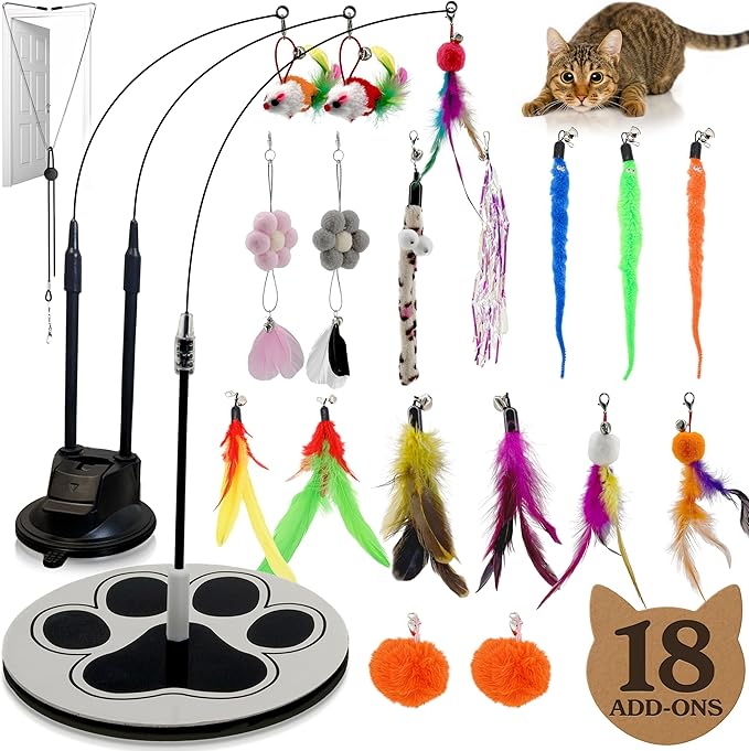 18-Piece Interactive Cat Toys for Indoor Cats -PATENTED Heavy Duty Self-Holding Floor Base & Suction Cup - Durable Feather Wand Bird Simulation Self Play Kitten Toys for Bored Adult Cats Juguete Gato