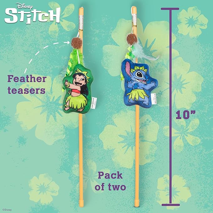 Disney for Pets Lilo and Stitch 2pk Feathered Wand Cat Toys with Catnip, Feather Teaser Set for Cats, Cute Kitty Toy Fans