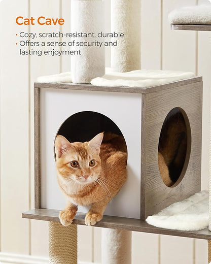 Feandrea Cat Tree, 64.6-Inch Modern Cat Tower, Multi-Level Condo with 5 Scratching Posts, Perch, Washable Removable Cushions, Cave, Heather Greige UPCT166G01