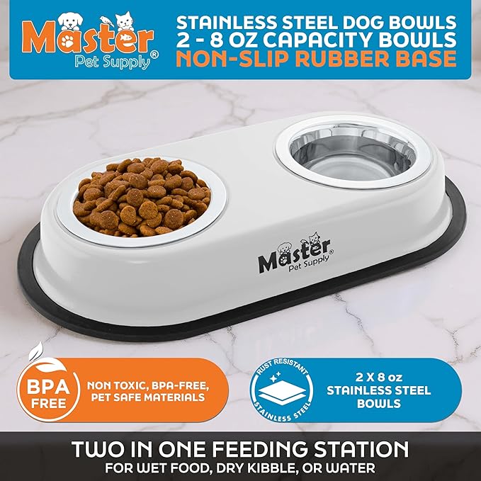 Master Pet Supply Double Dog Bowls Set with Elevated Base and 2 (8 oz) Stainless Steel Removable Dishes (Bone White) – Double Cat Food Water Bowl, Dog Puppy Food Bowl Set, Rust Resistant