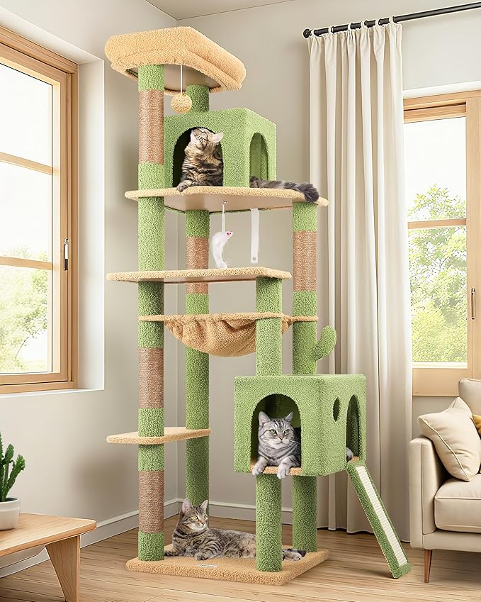 Globlazer Large Cactus Cat Tree Tower, 70in Tall Heavy Duty Green Cat Tree for Indoor Cats Sturdy Cat Tower with Scratching Post and Board, Hammock, Cat Condos for Adult Cats Kittens, F70 Pro, Green