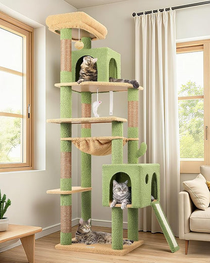 Globlazer Large Cactus Cat Tree Tower, 70in Tall Heavy Duty Green Cat Tree for Indoor Cats Sturdy Cat Tower with Scratching Post and Board, Hammock, Cat Condos for Adult Cats Kittens, F70 Pro, Green