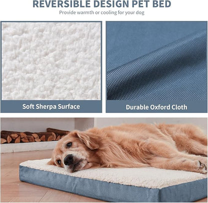 Plush Orthopedic Dog Bed for Medium Dogs & Puppies, Waterproof Dog Beds 30x20 Inch with Removable Washable Cover, Egg Crate Foam Flat Pet Mat, Blue White