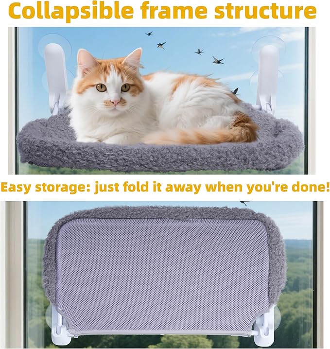 YUNIQUE Cat Window Perch with Cushion Rim, Upturned Edge Bracket, Portable Wall Hammock for Indoor Cat, Grey