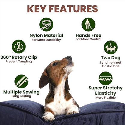𝐇𝐞𝐚𝐯𝐲 𝐃𝐮𝐭𝐲 Hands Free Dog Leash for 2 Dogs – Dual Bungee Running Leash with Adjustable Waist Belt, Tangle-Free 360° Swivel, Shock Absorbing, Padded Handles & Zipper Pouch