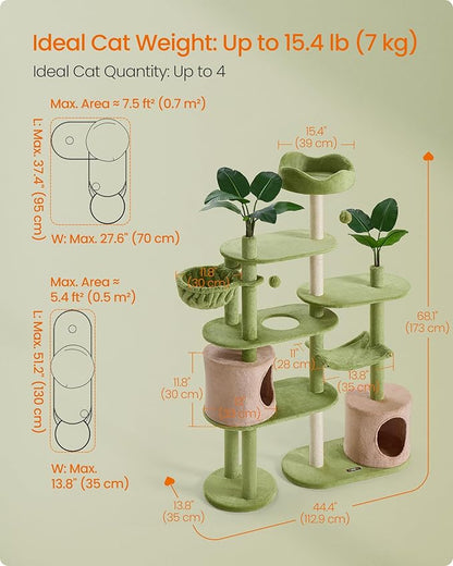 Feandrea Cat Tree, 68.1-Inch Tall Cat Tower, Multi-Level Plush Condo with Artificial Leaves, 3 Scratching Posts, 2 Pompoms with Bells, Grass Green and Camel Brown UPCT330C01