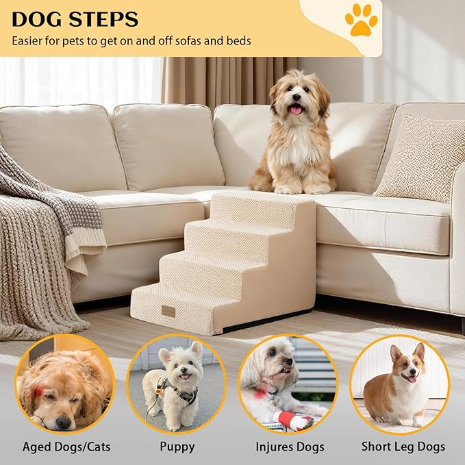 Dog Stairs for Small Dogs, 4 Tier Widened Pet Stairs for Beds and Couch, 17.7" H Non-Slip Dog Steps for Puppy, Elderly, or Disabled Dogs, 17.7x23.6x17.7 inch, Beige