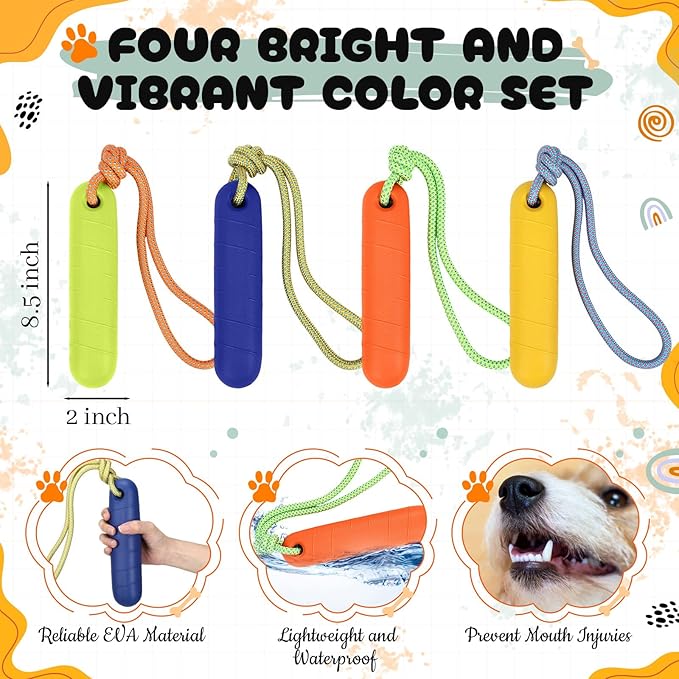 Skylety 4 Pack Floating Dog Toys with Rope Handle EVA Dog Bumper Throw Stick for Water Training Fetch Retrieving High Visibility Pool Water Toys for Beach Diving Pool Yard Summer Outdoor Play