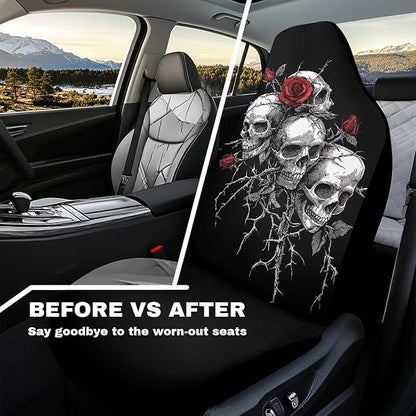 Skull Rose Car Seat Covers 2 Pcs Car Seat Covers Front Seats Only Waterproof Breathable Easy to Install Anti-Slip Back Fabric Universal Fit for Auto Truck Van SUV