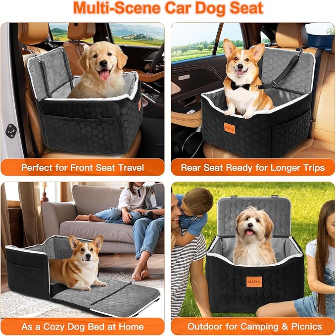 Dog Car Seat for Small Medium Dogs Under 35lbs - Dog Booster Car Seat with Adjustable Straps,Elevated Detachable Washable Pet Travel Cat Bed with Storage Pockets,2 Safety Belts (Grey)