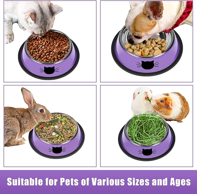 Serentive 2 Pcs Non-Slip Stainless Steel Small Cat Food Bowls - Unbreakable, 7 Oz, Suitable for Indoor Small Pets - Removable Rubber Base, Easy to Clean, Lovely Color
