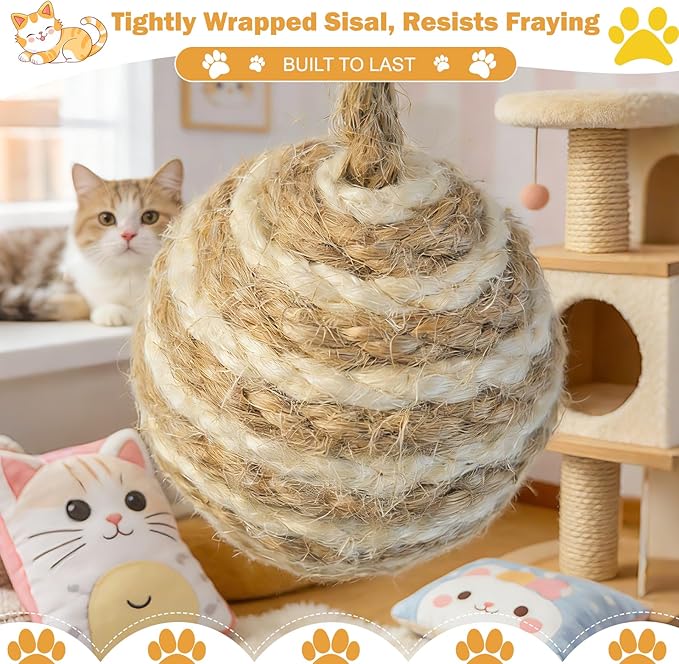 Cat Toy Ball with Sisal Rope Wrapping – 3 Pack Sisal Cat Toy Ball with Rope & Quiet Bell, 1.77" Natural Interactive Cat Scratching Ball for Indoor Cats (Beige, Yellow, Striped)