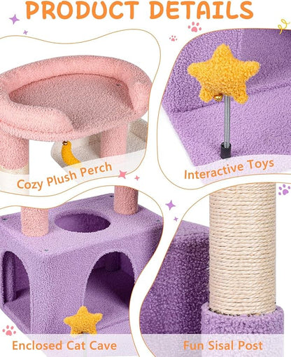31" Cute Cat Tower for Indoor Kittens with Cat Condo, Plush Platform, Hammock, Sisal Scratching Posts, Dangling Ball, Tall Cat Tree Tower with Self-Grooming Brush (Moonlit Violet)
