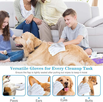 Dog Cleaning Gloves Wipes 15pcs Deodorizing Disposable Pet Grooming Bathing Gloves Extra Thick, No Rinse Shampoo Dry Cleaning Gloves for Dogs & Cats Paw Face Ear Fur and Butt