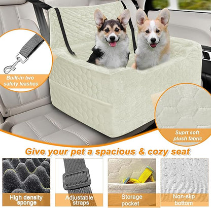 Dog Car Seat for Medium/Large Dog Booster Seat Under 60 lbs or 2 Small Dogs, Multi-Functional Pet Car Seat with Thick Cushion, 2 Safety Leashes (White)
