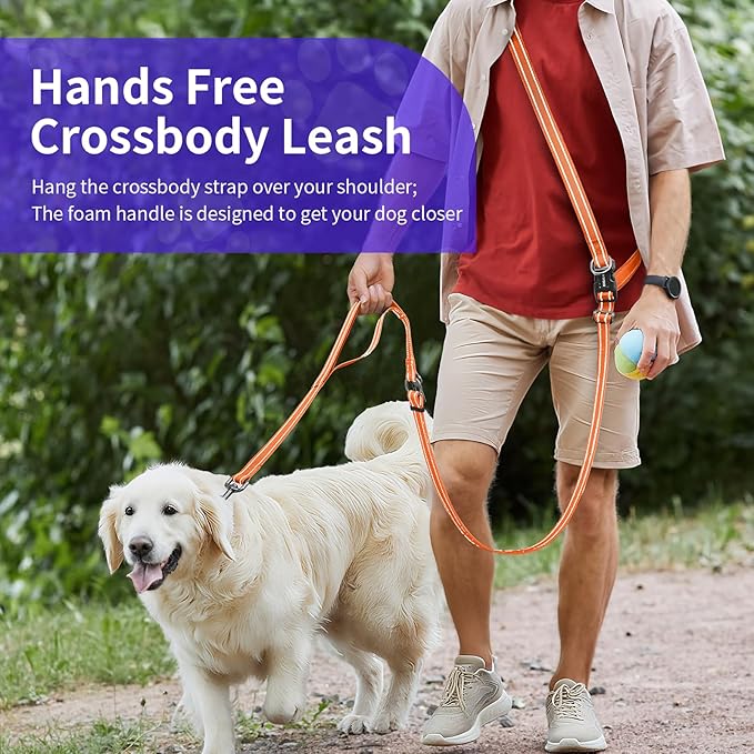 Kazazoo Hands-Free Dog Leash with Adjustable Length 6-9FT + Dual Padded Handles Reflective Safety for Walking, Jogging & Training | Suitable for Medium to Large Dogs & Puppies Orange-L
