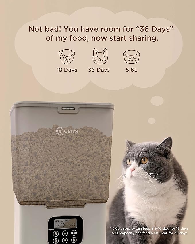 Ciays Automatic Cat Feeder, 5.6L, Control 4 Meals Per Day, Pet Dry Food Dispenser, Dual Power Supply & Voice Recorder, White