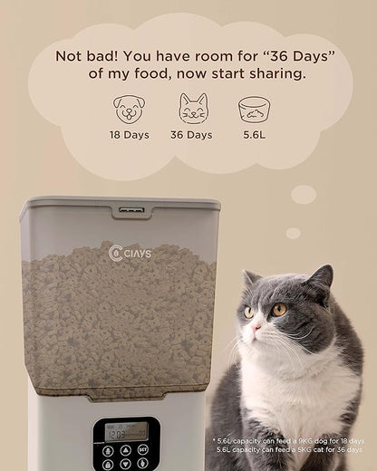 Ciays Automatic Cat Feeder, 5.6L, Control 4 Meals Per Day, Pet Dry Food Dispenser, Dual Power Supply & Voice Recorder, White