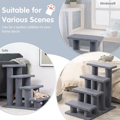 Tangkula Pet Stairs for Cats and Dogs, 4-Step Carpeted Ladder Ramp Cat Climber Cat Scratching Post, Multi-Step Dog Stairs for High Beds, Couch (Grey)