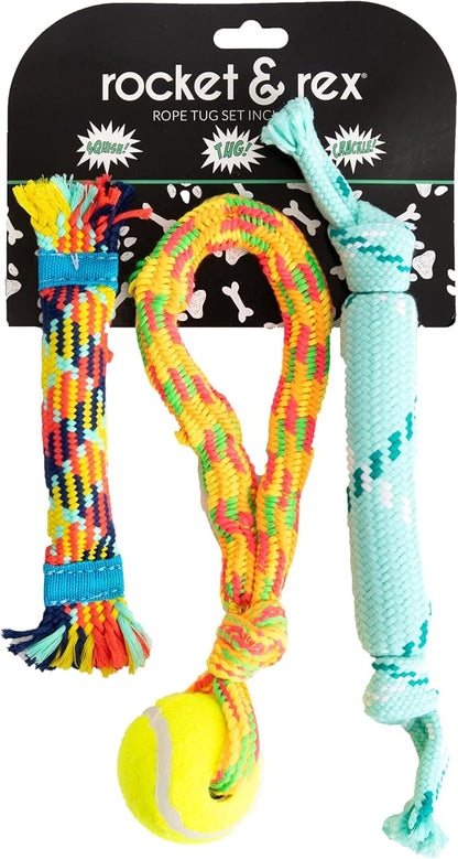 rocket & rex Dog Toy Set for Small to Medium Breeds, Includes Rope Toys with Rubber and Crackle Inside for Extra Chewing Fun and a Stretchy Tug of War Toy (Pack of 3)