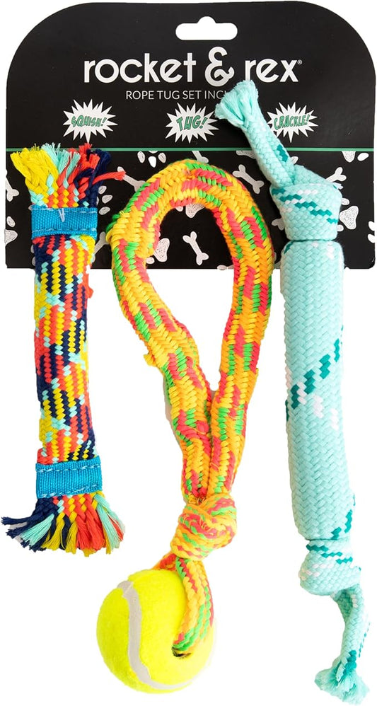 rocket & rex Dog Toy Set for Small to Medium Breeds, Includes Rope Toys with Rubber and Crackle Inside for Extra Chewing Fun and a Stretchy Tug of War Toy (Pack of 3)