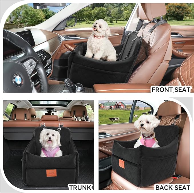 GL GLENSLAVE Dog Car Seat for Small/Medium Dogs, Dog Booster Car Seats with Thick Cushion for Dogs Under 35lbs, Detachable Washable Pet Carseat with Storage Pockets, 2 Safety Belts(Black)