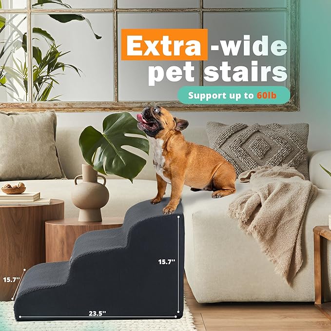 GARMART 3-Step Dog Stairs for Bed with Washable Cover, Durable High Density Foam Pet Ramp for Small Dogs, Gray