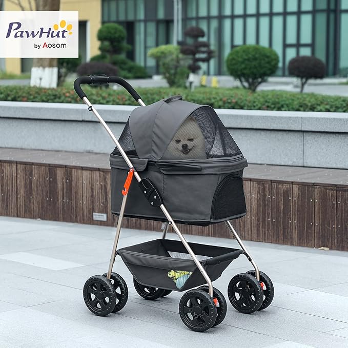 PawHut 3 in 1 Dog Stroller with Detachable Carrier, Lightweight Folding Pet Stroller with 4 Wheels, Storage Basket, Cupholder, Washable Pads for Puppy & Kittens, Gray