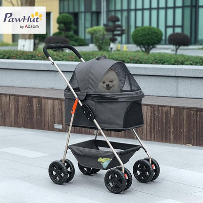 PawHut 3 in 1 Dog Stroller with Detachable Carrier, Lightweight Folding Pet Stroller with 4 Wheels, Storage Basket, Cupholder, Washable Pads for Puppy & Kittens, Gray