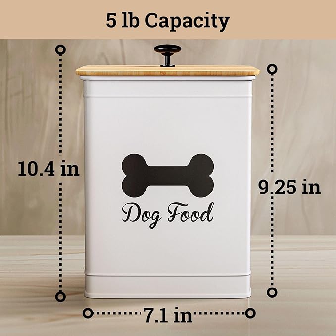 Dog Food Container Airtight 5-7 lb (25 Cup) Capacity - Cute Airtight Dog Food Storage Container with Bamboo Lid & Sturdy Metal Handle - White Metal Kibble Storage Bin for Dogs up to 50 lbs - Pet Jar