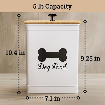 Dog Food Container Airtight 5-7 lb (25 Cup) Capacity - Cute Airtight Dog Food Storage Container with Bamboo Lid & Sturdy Metal Handle - White Metal Kibble Storage Bin for Dogs up to 50 lbs - Pet Jar