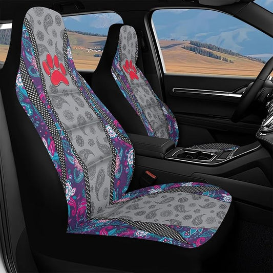 Red Paw Print Car Seat Covers Non-Slip Automobile Seat Covers Boho Flower Waterproof Front Seat Cushion Interior Auto Accessory Protection for Cars Truck Van, 2 Pcs Set