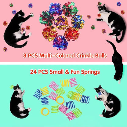 SEVENKA Cat Toys 8 Pcs Color Crinkle Balls and 24 Spring Toy, 2in/5cm Cat Balls, Kitten Toy, Plastic Spiral Springs for Swatting, Biting, Hunting, Active Healthy Play