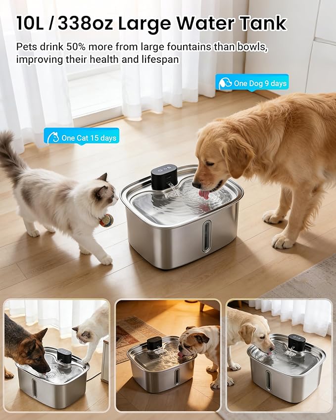 Smart Pet Water Fountain, 10L/338Oz Stainless Steel Cat Water Fountain with APP Monitoring, Automatic Dog Water Bowl Dispenser for Large Dogs Cats Mutil-Pets, Indoor and Outdoor