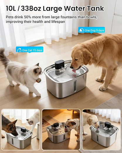 Smart Pet Water Fountain, 10L/338Oz Stainless Steel Cat Water Fountain with APP Monitoring, Automatic Dog Water Bowl Dispenser for Large Dogs Cats Mutil-Pets, Indoor and Outdoor