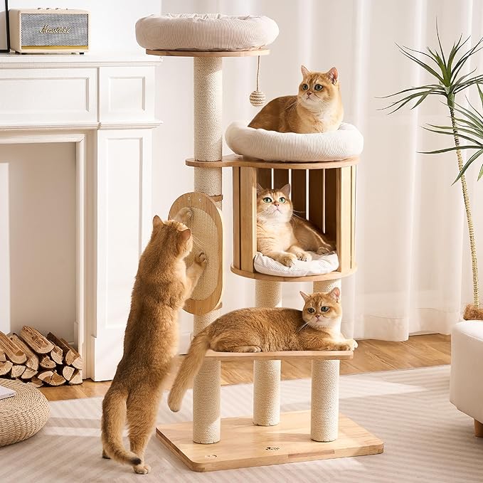 Modern Solid Wood Cat Tree for Indoor Cats Large Adult, 50in Tall Cat Tower with Sisal Scratching Posts, Cat Scratcher Cardboard, Cozy Cat Beds Cave Condo, Multi-Level Cat Furniture