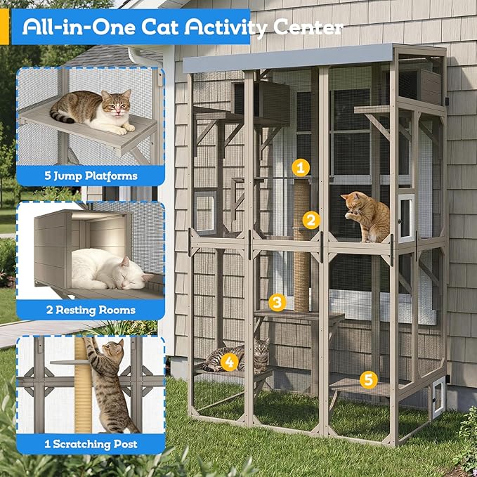 Window Catio Outdoor Cat Enclosure for Indoor Cats, 99.5" Tall Outdoor Cat Patio Cat House with Ultra-Fine Mesh, Large Expandable Perch for Window, 8 Jump Platforms, Scratching Post, Keep Bugs Out