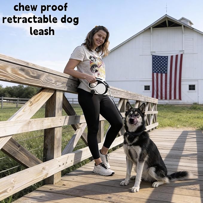 360° Tangle-Free Retractable Dog Leash with Chew Proof Extender | 26ft Upgraded Heavy Duty Retractable Dog Leash with Poop Bag Holder | One-Handed Brake, Pause, Lock (Extra Large, White)