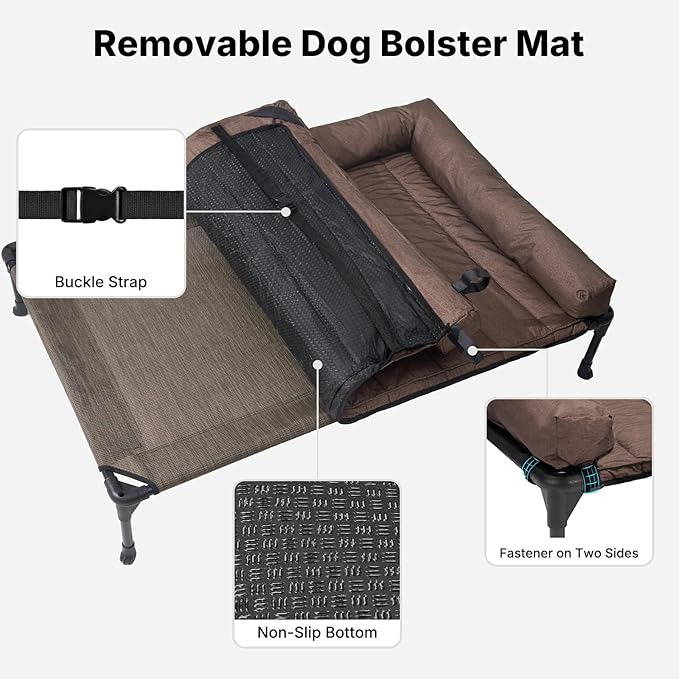 Veehoo Cooling Elevated Dog Bed Add Removable Waterproof Bolster Cushion Mat, Raised Pet Cot with Breathable Teslin Mesh, No-Slip Feet, Dog Couch Bed for Indoor Outdoor, 53 inches, Brown