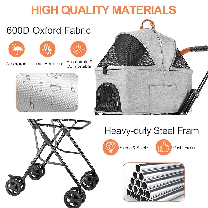 Double Pet Stroller with Detachable Carrier for Medium Small Dogs and Cats, Lightweight Dog Stroller Travel Carriage with No-Zip Canopy Storage Basket One-Click Folding and One-Foot Brake