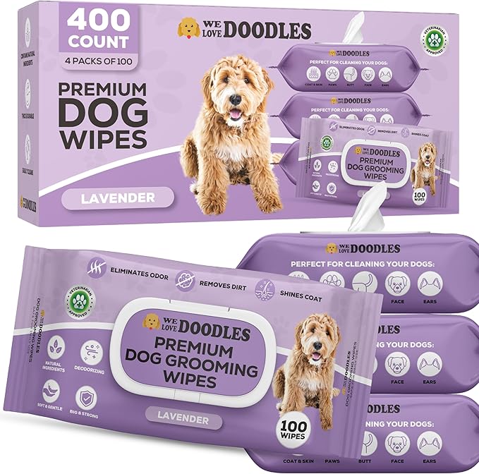 We Love Doodles Dog Wipes - Deodorizing & Cleaning Pet Wipes, for Coat, Face, Paws, Butt, & Body, Dog Essentials & Grooming Supplies, Made in USA, Lavender (400 Wipes)