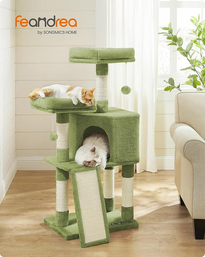 Feandrea Cat Tree, 45.3-Inch Cat Tower, Plush Condo with Scratching Post, Ramp, Perch, Spacious Cave, for Small Space, Grass Green UPCT141C01