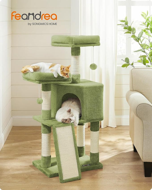 Feandrea Cat Tree, 45.3-Inch Cat Tower, Plush Condo with Scratching Post, Ramp, Perch, Spacious Cave, for Small Space, Grass Green UPCT141C01