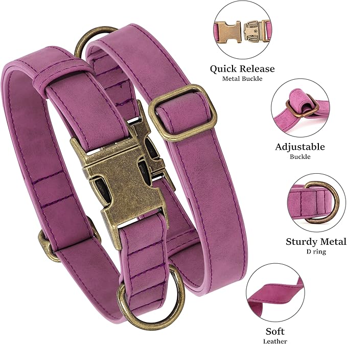 Didog Soft PU Leather Dog Collar, Stylish Quick Released Dog Collar for Large Dogs, Easy Clean Adjustable Pet Collar for Daily Walking, Purple, L Fit 16-22" Neck